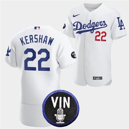 Men's Los Angeles Dodgers #22 Clayton Kershaw 2022 White Vin Scully Patch Flex Base Stitched Baseball Jersey
